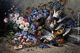 Grapes Paintings - Roses Peaches Grapes and Game by Modeste Carlier
